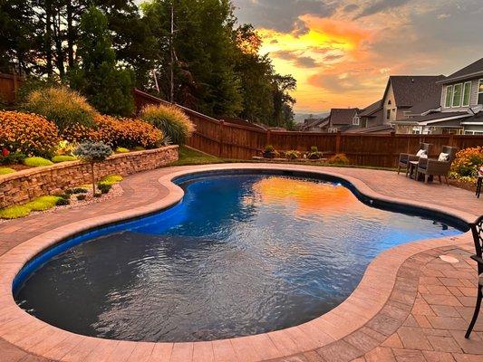 Pool, patio, Retaining wall, landscape, plants, trees