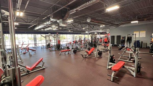 Large Free Weight Area with bench presses, squat rack, smith machine & more!