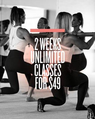 2 Weeks Unlimited Barre Classes for $49