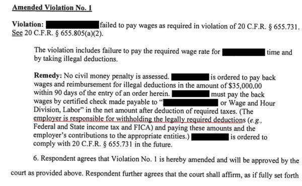 The settlement violation by DOL WHD.