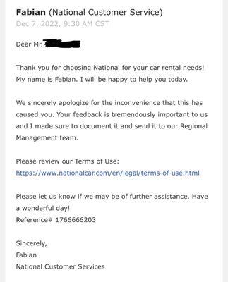 Weak response from National Customer Service. Still have not heard from the Regional Management Team.