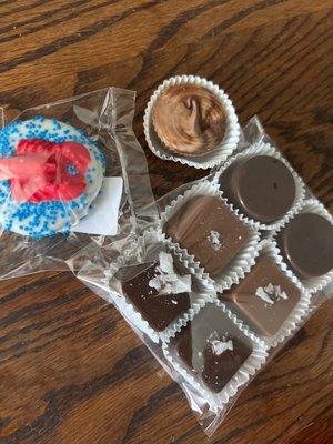 Makers mark truffles, milk and dark chocolate sea salt caramels, peanut buttercup and a white chocolate dipped Oreo with a fun lobster