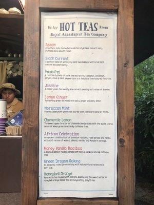 Hot tea menu - they also have iced tea and coffee drinks