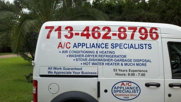 CALL "AC APPLIANCE SPECIALIST".... FOR ALL YOUR AIR CONDITIONING AND APPLIANCE NEEDS   713-462-8796