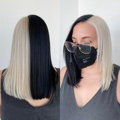 Black and white split hair