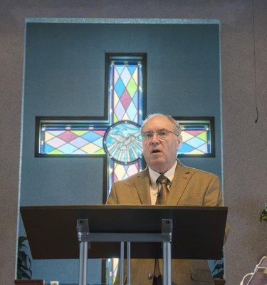 Pastor Doug Bradley during a sermon on Sunday Morning.