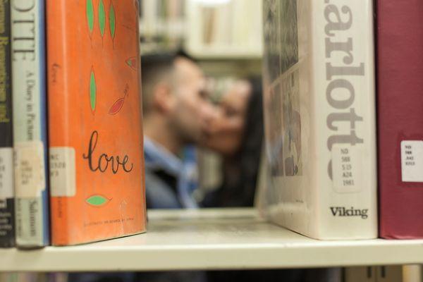 True love during this library  engagement session.