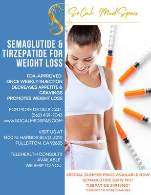 Semaglutide and tirzepatide for weight loss. Telehealth consults and shipping available.