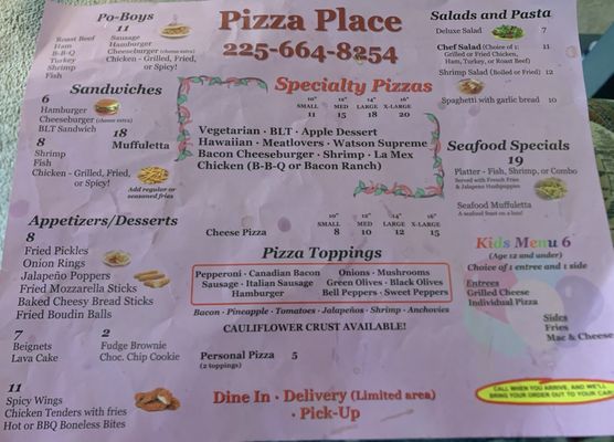 Latest menu (front)