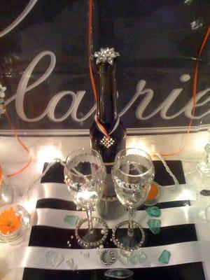 A Bride & Groom Champagne Glasses For An Elegant Black & White Wedding Theme,Customized WithSome Gems & Urban Orange!