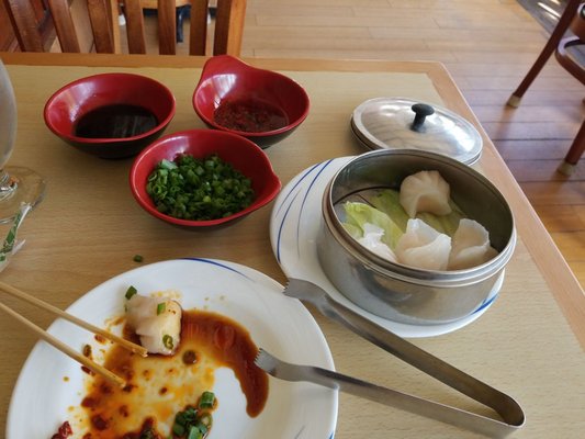 Crystal Dumplings. Hot oil. Scallions .. so good