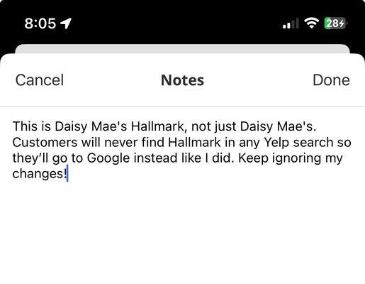 Daisy Mae's Hallmark --correction of store title 3/25/24; Customers can't find Hallmark in Brunswick on Yelp, & they'll go to Google instead