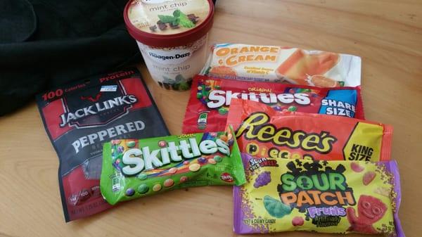 Jack Link's peppered beef jerky, Haagen-Dazs mint chip, Orange cream, Skittles: Original & Sour, Reese's pieces, Sour patch fruits