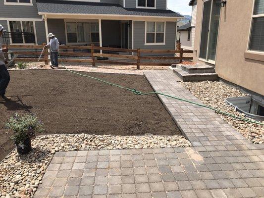 Paver patio, rock, sprinkler system, sod, trees installed for a client in Candelas, Arvada.