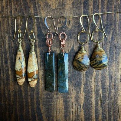 Gemstone earrings, Picture Jasper, Labradorite, Black Feather Jasper earriings with handmade hammered jump rings by owner, Vivian.