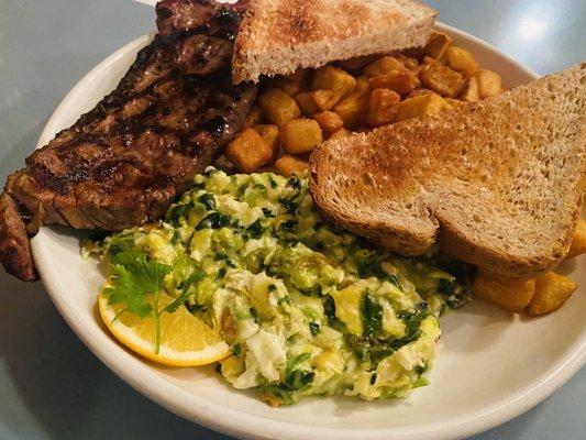 Steak with green eggs