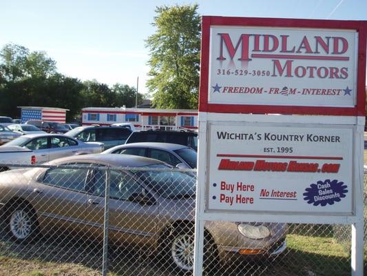 Midland Motors on Wichita's Kountry Korner - Home of Zero Interest Buy Here Pay Here financing for 20 years.