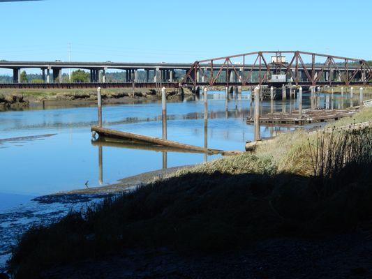 View along the river from the trail under the Highway 529 bridge.