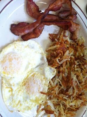 Eggs, bacon and extra crispy hash browns.