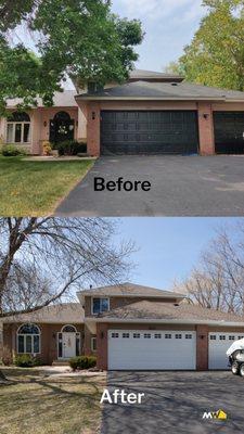 Before and after photo of roof, siding, gutters, downspouts, soffits, fascia, garage doors, etc.