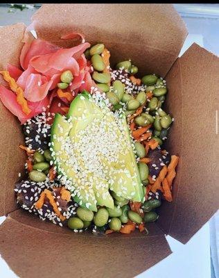 Poke bowl with edamame carrots ginger sesame