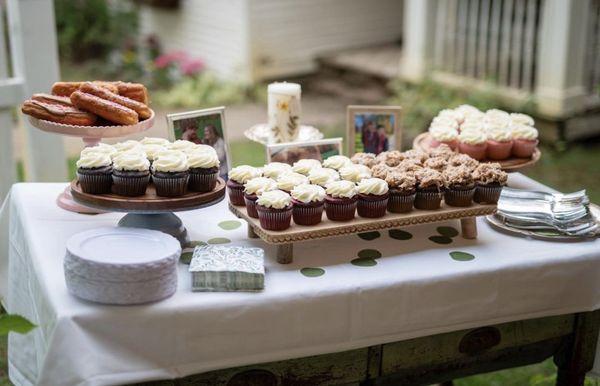 Chocolate with vanilla frosting, red velvet  with cream cheese frosting, German chocolate, and pink champagne.