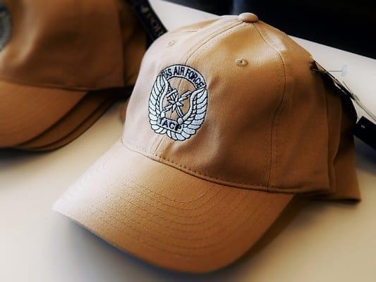 Custom Embroidered hats. Pictured here is an Air Force TACP crest.