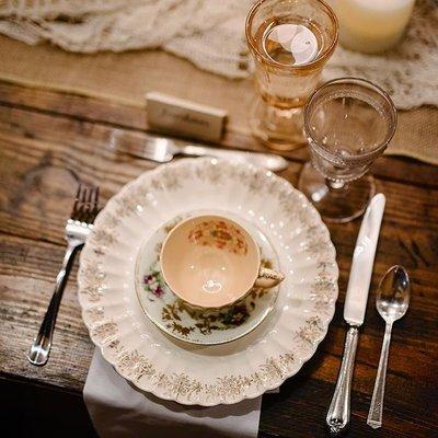 Rental vintage mismatched china, goblets and flatware for memorable events