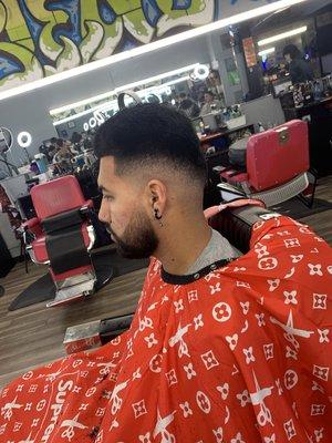 Drop fade accompanied by a fresh beard line up