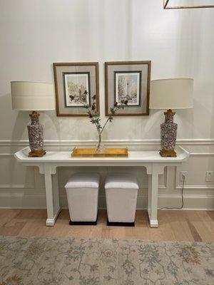 Paint Foyer Table and Reupholstered Ottomans