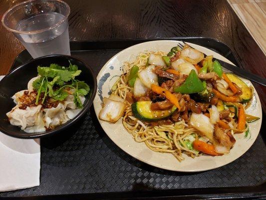 BBQ Pork & Vegetable Stir Fry with Yakisoba noodles upgrade and Shrimp & Pork Wonton Dumplings