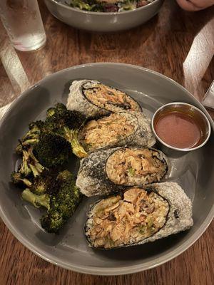 Lions mane rice paper wrap with charred broccoli side