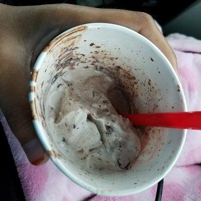 "Chocolate" Blizzard aka soft serve with frozen bits of chocolate fudge.