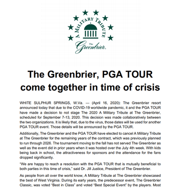 The Greenbrier, PGA Tour come together in time of crisis. Letter, page 1 of 3. April 16, 2020.