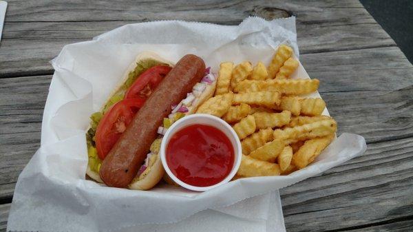 red onions, pickle, tomato, relish, brown mustard + fries