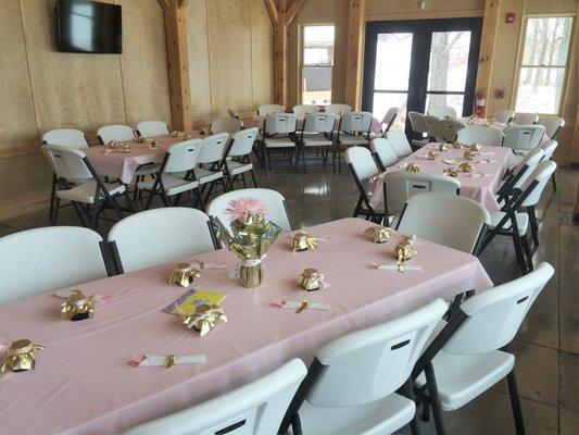 The Lodge can be rented for events with less than 100 guests. Up to 35 can be seated in each of the side wings, 30 in the middle section.