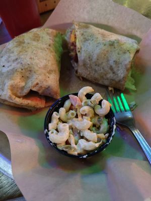 Chicken bacon wrap and Mac salad.