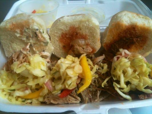 Cuban sliders: chicken/garlic mojo, pork/guava BBQ sauce, beef/guava BBQ sauce. All w/mango slaw. Boomshakalaka!