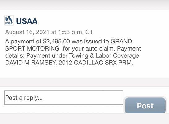 proof of payment of 2,495 of how much towing costs were .