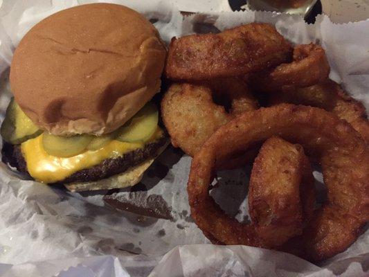 Single cheese burger ($4) onion rings ($3.50)