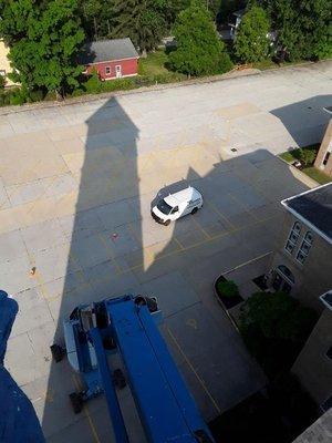 View of my van from 90 feet up painting trim oh church bell tower Norwalk Ohio