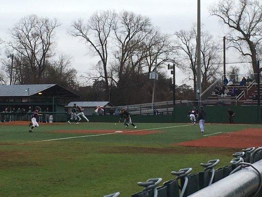 2/9/18. Friday afternoon. Shreveport, Louisiana. Shehee Stadium. Blazers Baseball vs. Centenary College Gents. Rainy 1st inning action!