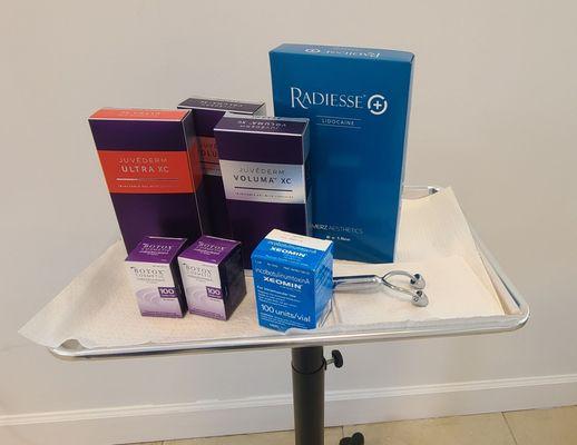 A sample of all the great products they carry. Juvederm Ultra XC, Juvaderm Voluma XC, Radiesse , Botox, and Xeomin.