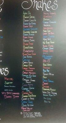 Menu of the shakes