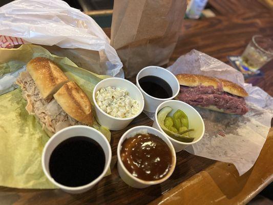 Sandwiches with macaroni salad and mashed potatoes sides...