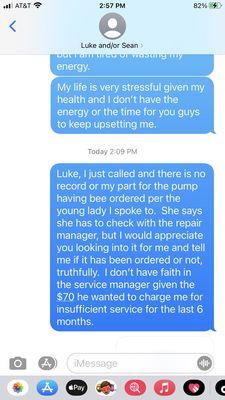 Texts with Luke the week of 5/11 in regards to my necessary pool pump part and the $70.00 backwash.