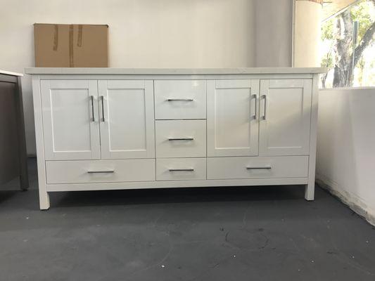 72" White Open Box Bathroom Vanity with Quartz Top and Double Sinks.