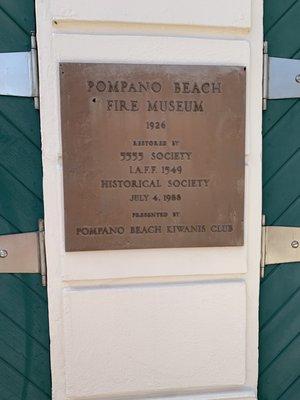 Plaque of Pompano Fire Museum.