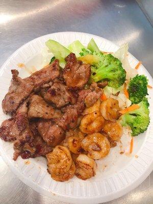 Steak and Shrimp w/ steam rice and mix veg