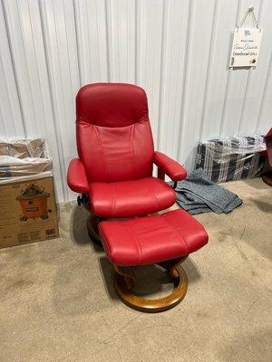 This recliner was recovered with Elegance Red Leather.